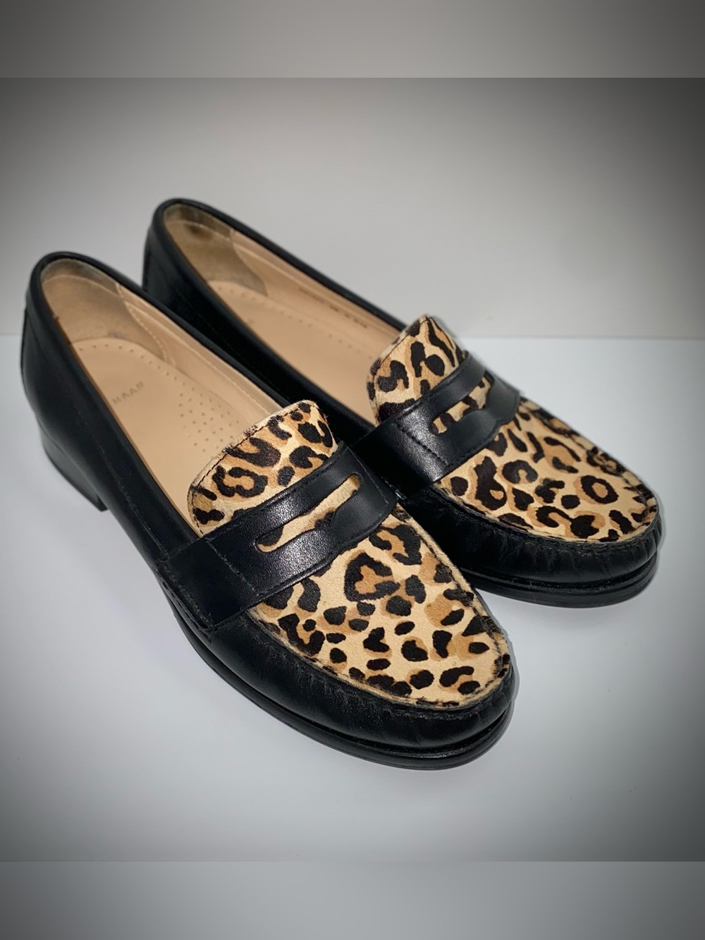 NWOT Cole Haan Black Leather Loafers with Leopard Print Calf Hair Vamp